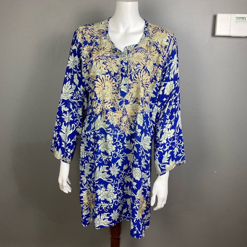 Silk Long Tunic dress XL in Indigo embroidered Bohemian Boho printed